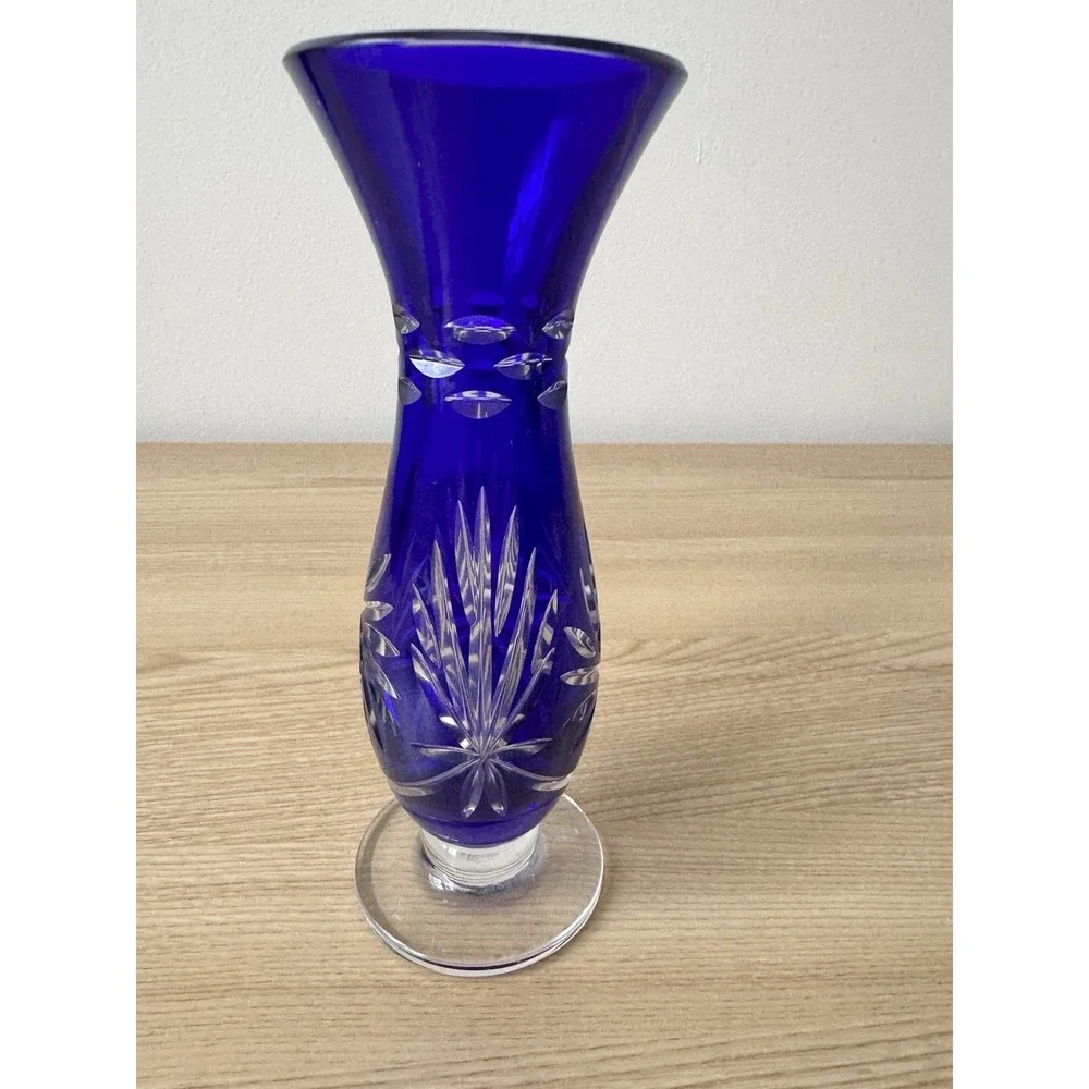 Vintage Cobalt Blue Cut To Clear Glass Bud Vase Floral Etched Footed 6
